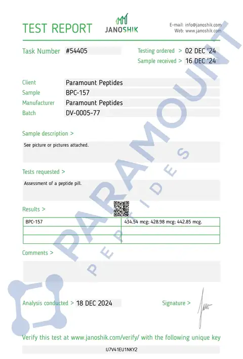 Page 1 of the certificate of analysis for BPC-157 (500mcg) x 30 Tablets lot DV-0005-77 (Janoshik)