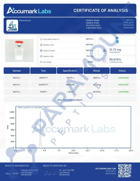 Page 1 of the certificate of analysis for MOTs-C (10mg) lot 36852 (Accumark Labs)