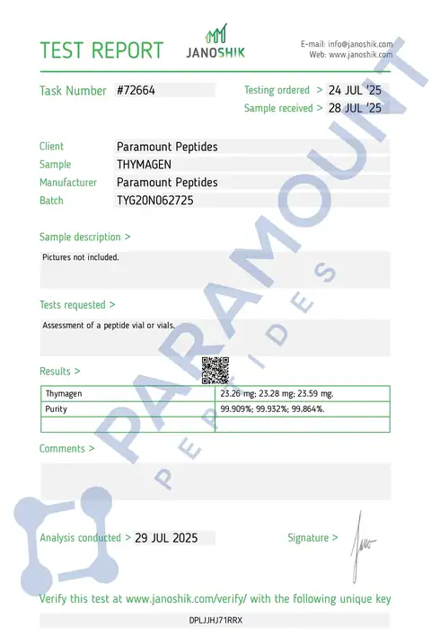 Page 1 of the certificate of analysis for Thymagen (Thymogen) (20mg) lot TYG20N062725 (Janoshik)