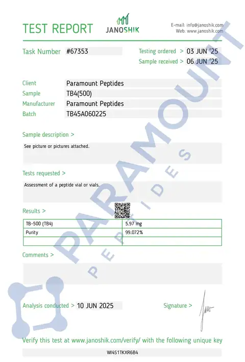 Page 1 of the certificate of analysis for Thymosin Beta 4 (TB500) (5mg) lot TB45A060225 (Janoshik)