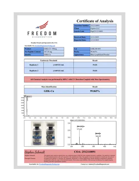Page 1 of the certificate of analysis for GHK-Cu Vial 100 mg lot GHK100-003 (Freedom Diagnostics)