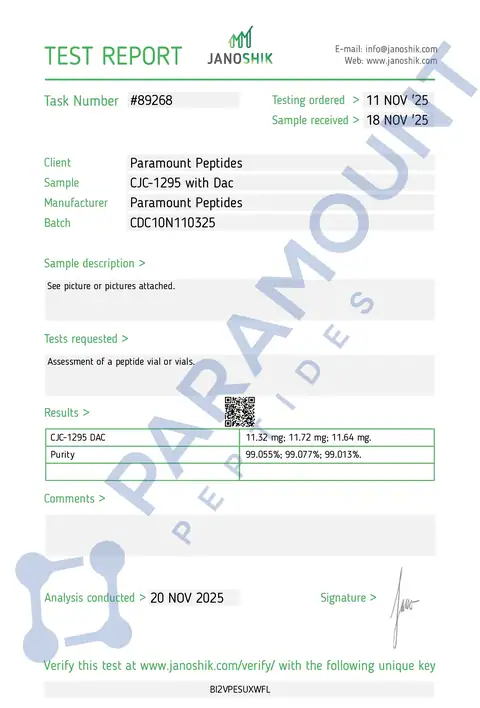 Page 1 of the certificate of analysis for CJC-1295 - With DAC (10mg) lot CDC10N110325 (Janoshik)