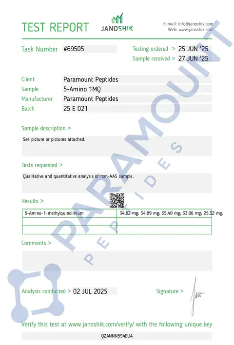 Page 1 of the certificate of analysis for 5-Amino-1mq (30mg) x 60 Tablets lot 25 E 021 (Janoshik)