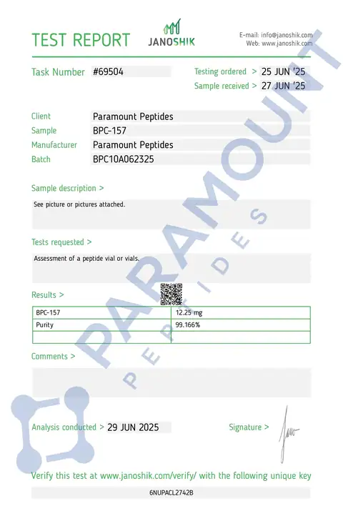 Page 1 of the certificate of analysis for BPC-157 (10mg) lot BPC10A062325 (Janoshik)