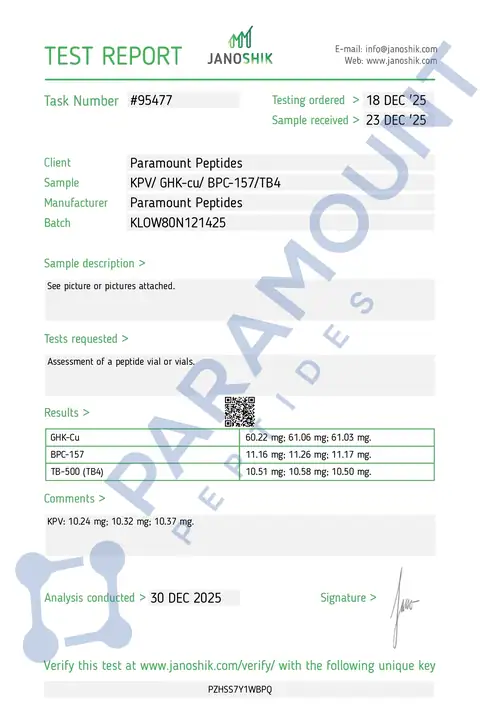 Page 1 of the certificate of analysis for KLOW - GHK-Cu (50mg) / KPV (10mg) / BPC-157 (10mg) / TB500 (10mg) lot KLOW80N121425 (Janoshik)