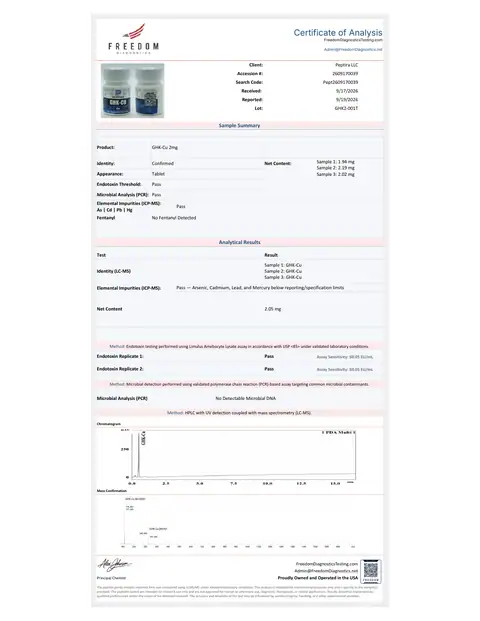 Page 1 of the certificate of analysis for GHK-Cu Tablets 2 mg 60ct lot GHK2-001T (Freedom Diagnostics)