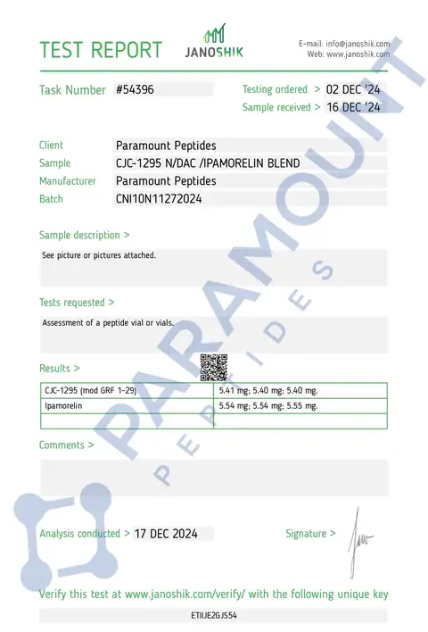 Page 1 of the certificate of analysis for 2X Blend CJC-1295 No DAC (5mg) / Ipamorelin (5mg) lot CNI10N11272024 (Janoshik)