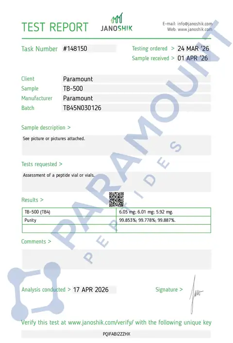 Page 1 of the certificate of analysis for Thymosin Beta 4 (TB500) (5mg) lot TB45N030126 (Janoshik)