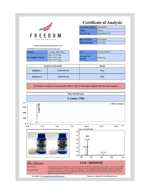 Page 1 of the certificate of analysis for 5-Amino 1MQ Caps 50 mg 60ct lot 5A1M-50-002C (Freedom Diagnostics)