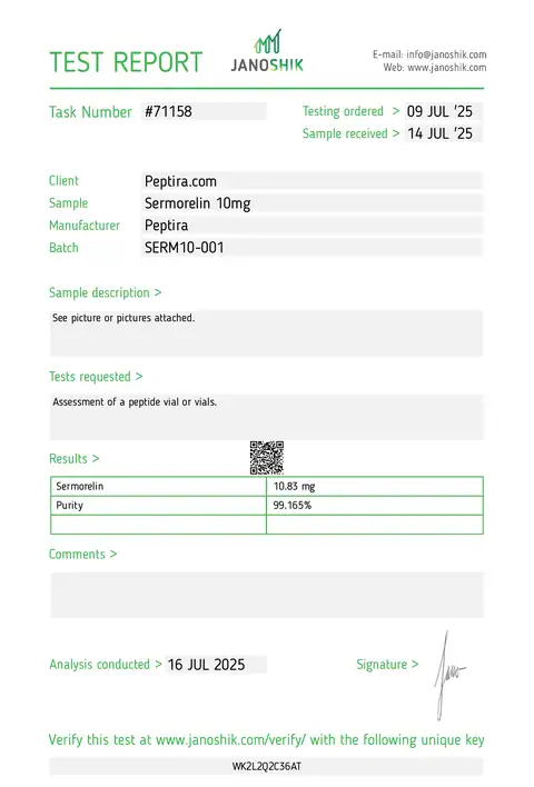 Page 1 of the certificate of analysis for Sermorelin Vial 10 mg lot SERM10-001 (Janoshik)
