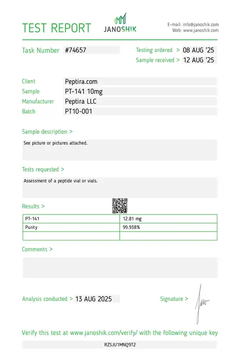 Page 1 of the certificate of analysis for PT-141 Vial 10 mg lot PT10-001 (Janoshik)