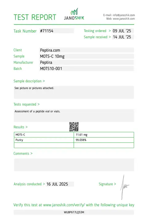 Page 1 of the certificate of analysis for MOTS-C Vial 10 mg lot MOTS10-001 (Janoshik)