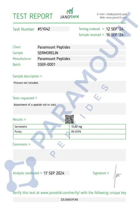 Page 1 of the certificate of analysis for Sermorelin (10mg) lot SSER-0001 (Janoshik)