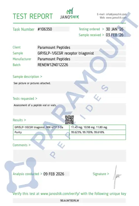 Page 1 of the certificate of analysis for GLP-3 R - 10mg lot RENEW12N012226 (Janoshik)