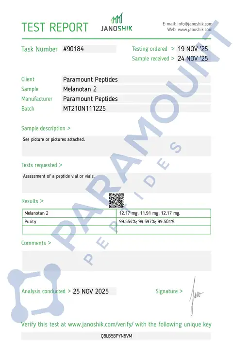 Page 1 of the certificate of analysis for MT-II (Melanotan II) (10mg) lot MT210N111225 (Janoshik)