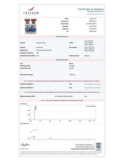 Page 1 of the certificate of analysis for Cortagen Vial 20 mg lot CGEN20-001 (Freedom Diagnostics)
