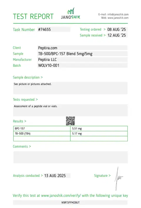 Page 1 of the certificate of analysis for TB/BP Blend (Wolverine) Vial 10 mg lot WOLV10-001 (Janoshik)