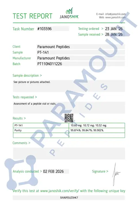Page 1 of the certificate of analysis for PT-141 (10mg) lot PT110N011226 (Janoshik)