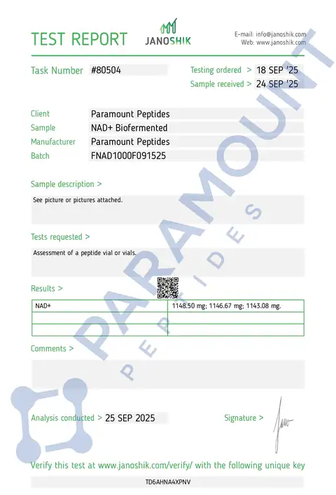 Page 1 of the certificate of analysis for NAD+ (1000mg) Biofermented (5ml Vial) lot FNAD1000F091525 (Janoshik)