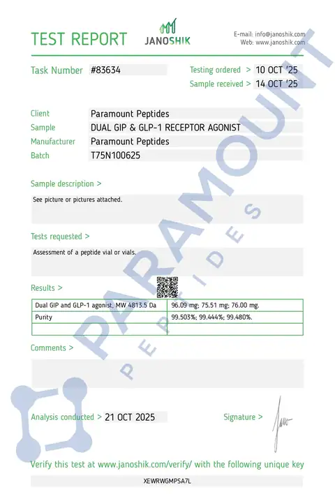 Page 1 of the certificate of analysis for GLP-2 T - 75mg lot T75N100625 (Janoshik)