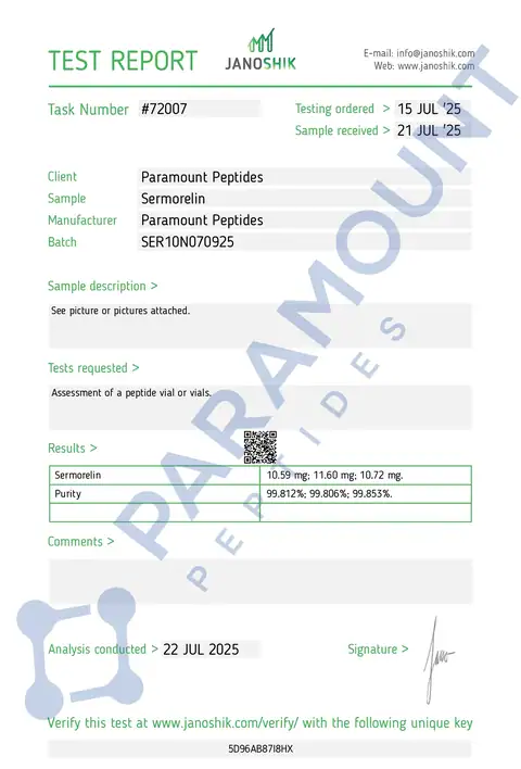 Page 1 of the certificate of analysis for Sermorelin (10mg) lot SER10N070925 (Janoshik)