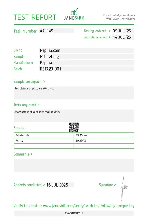 Page 1 of the certificate of analysis for RETA-3 Vial 20 mg lot RETA20-001 (Janoshik)