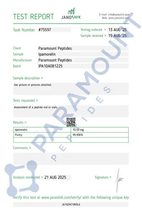 Page 1 of the certificate of analysis for Ipamorelin (10mg) lot IPA10A081225 (Janoshik)