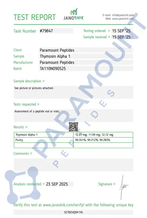 Page 1 of the certificate of analysis for Thymosin Alpha 1 (TA1) (10mg) lot TA110N090525 (Janoshik)