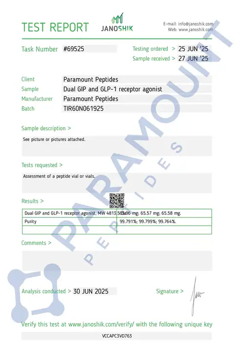 Page 1 of the certificate of analysis for GLP-2 T - 60mg lot TIR60N061925 (Janoshik)