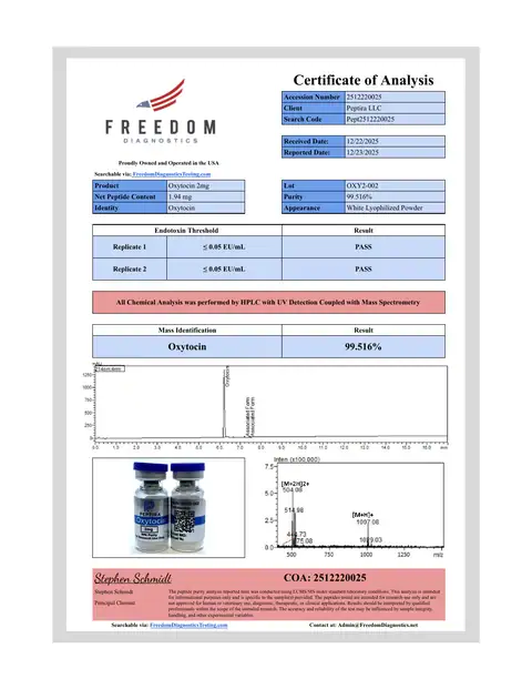 Page 1 of the certificate of analysis for Oxytocin Vial 2 mg lot OXY2-002 (Freedom Diagnostics)