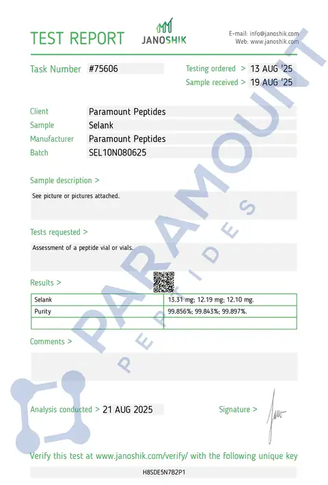 Page 1 of the certificate of analysis for Selank (10mg) lot SEL10N080625 (Janoshik)