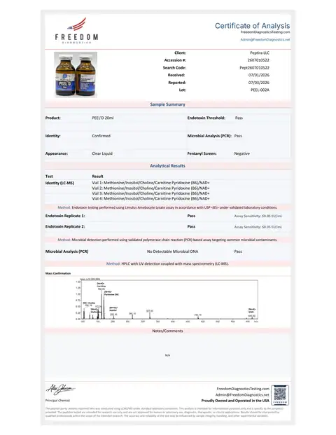 Page 1 of the certificate of analysis for PEEL'd Liquid 20 ml lot PEEL-002A (Freedom Diagnostics)