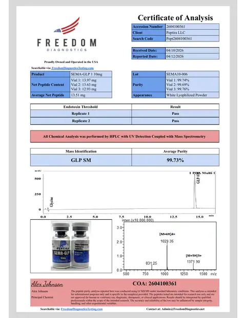 Page 1 of the certificate of analysis for SEMA-1 Vial 10 mg lot SEMA10-006 (Freedom Diagnostics)