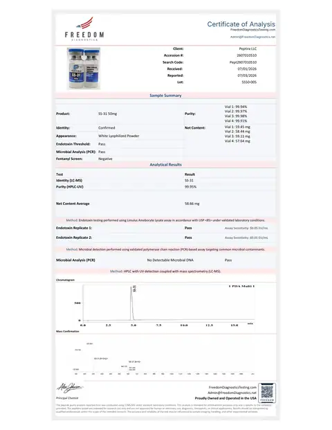 Page 1 of the certificate of analysis for SS-31 Vial 50 mg lot SS50-005 (Freedom Diagnostics)
