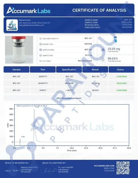Page 1 of the certificate of analysis for BPC-157 (20mg) lot BPC20N042626 (Accumark Labs)