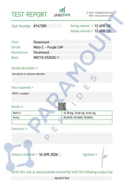 Page 1 of the certificate of analysis for MOTs-C (10mg) lot MOT10-032026-1 (Janoshik)