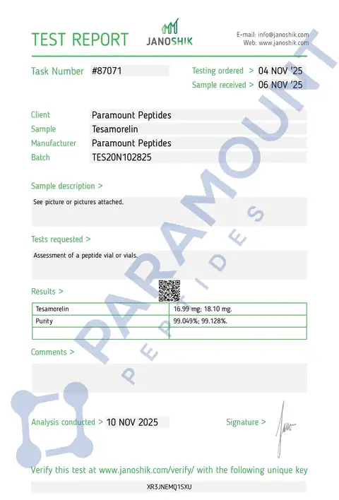 Page 1 of the certificate of analysis for Tesamorelin (10mg) lot TES20N102825 (Janoshik)