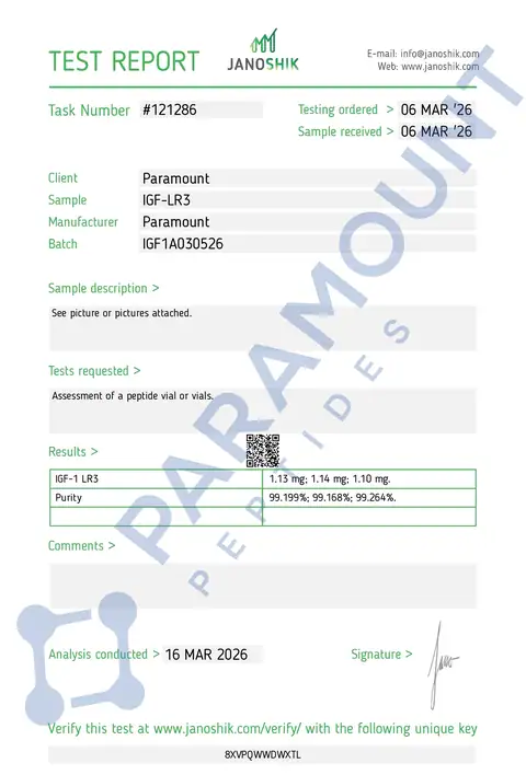 Page 1 of the certificate of analysis for IGF-1 LR3 (1mg) lot IGF1A030526 (Janoshik)