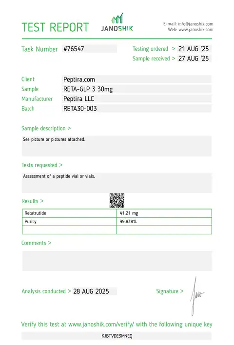 Page 1 of the certificate of analysis for RETA-3 Vial 30 mg lot RETA30-003 (Janoshik)