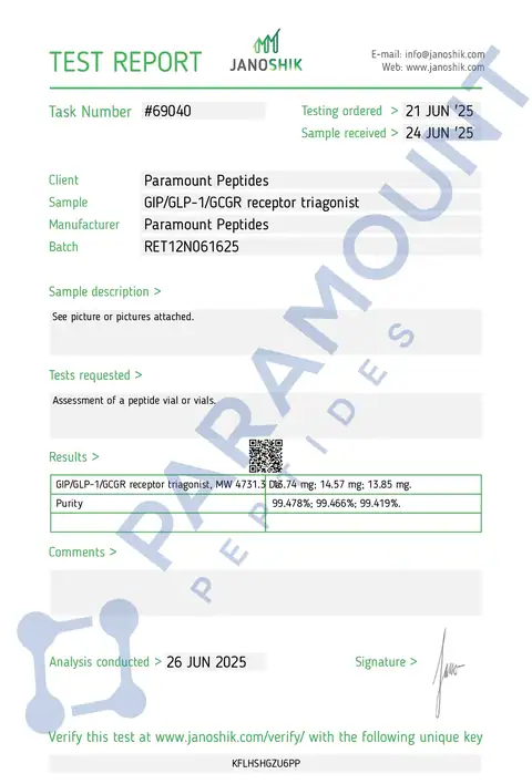Page 1 of the certificate of analysis for GLP-3 R - 12mg lot RET12N061625 (Janoshik)