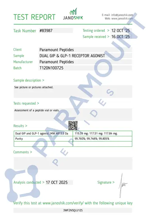 Page 1 of the certificate of analysis for GLP-2 T - 120mg lot T120N100725 (Janoshik)