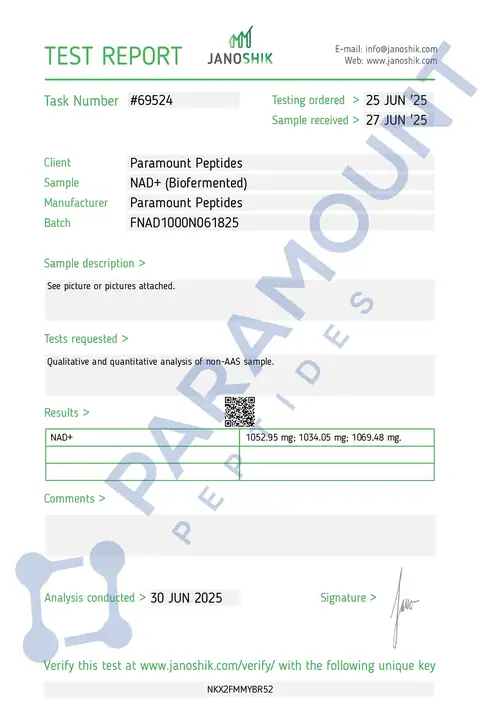 Page 1 of the certificate of analysis for NAD+ (1000mg) Biofermented (5ml Vial) lot FNAD1000N061825 (Janoshik)