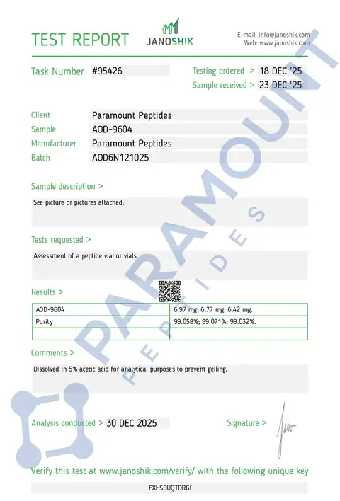 Page 1 of the certificate of analysis for AOD 9604 (6mg) lot AOD6N121025 (Janoshik)