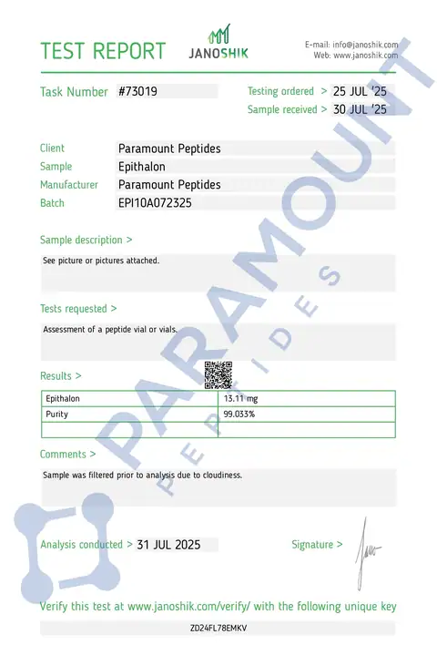 Page 1 of the certificate of analysis for Epithalon (10mg) lot EPI10A072325 (Janoshik)