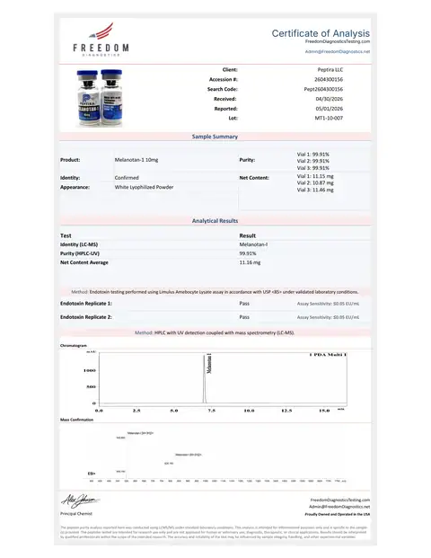 Page 1 of the certificate of analysis for Melanotan-1 Vial 10 mg lot MT1-10-007 (Freedom Diagnostics)
