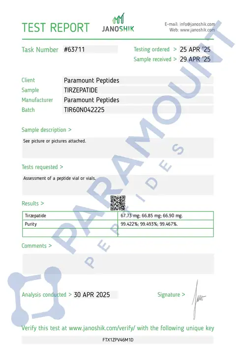 Page 1 of the certificate of analysis for GLP-2 T - 60mg lot TIR60N042225 (Janoshik)