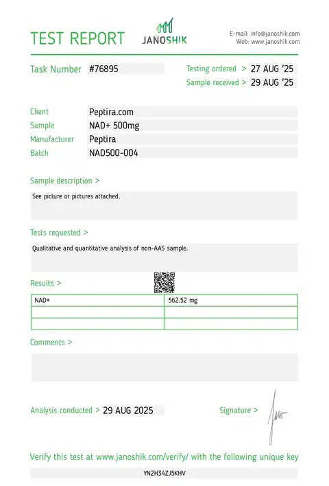 Page 1 of the certificate of analysis for NAD+ Vial 500 mg lot NAD500-004 (Janoshik)