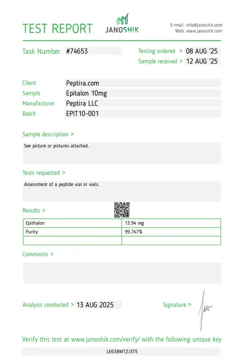 Page 1 of the certificate of analysis for Epitalon Vial 10 mg lot EPIT10-001 (Janoshik)