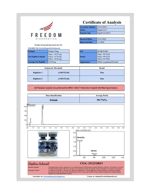Page 1 of the certificate of analysis for Selank Vial 10 mg lot SLNK10-004 (Freedom Diagnostics)