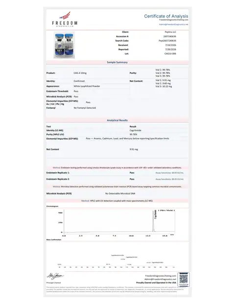 Page 1 of the certificate of analysis for CAG-4 Vial 10 mg lot CAG10-006 (Freedom Diagnostics)